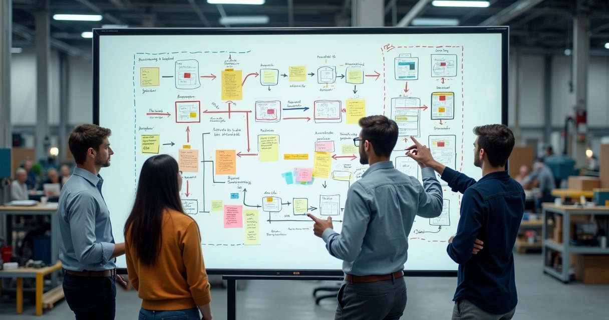 Quadro branco com fluxos de processos ilustrados e anotações em ambiente industrial