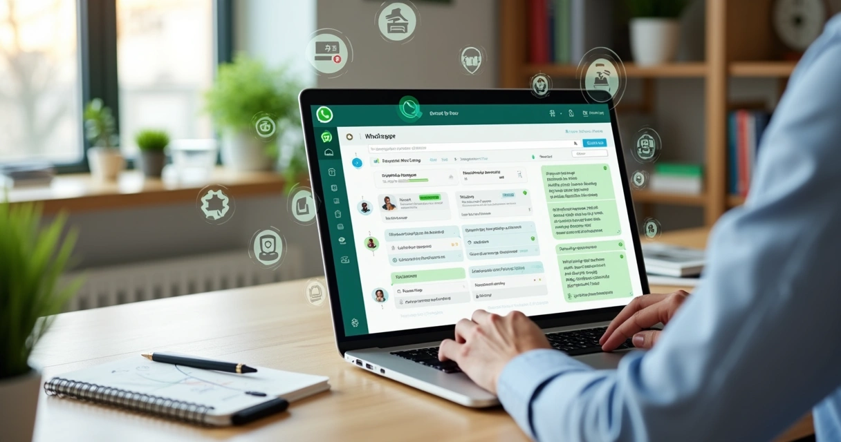 Administrador configurando fluxo de mensagens automáticas em grupo de WhatsApp no computador 