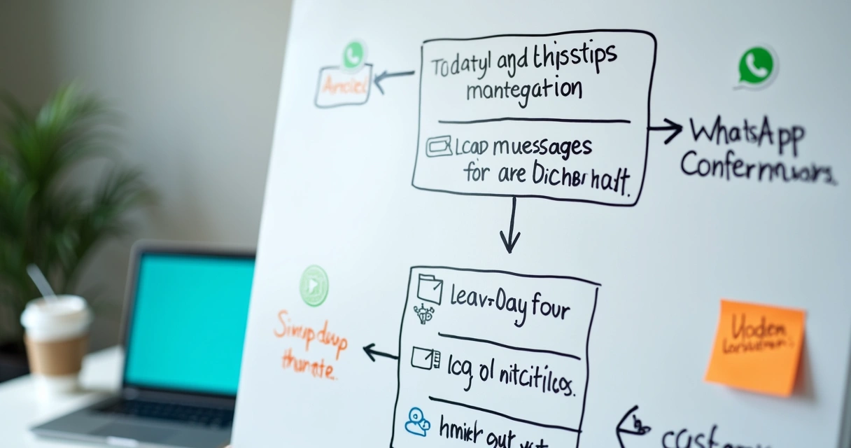 Fluxo de mensagens WhatsApp desenhado em quadro branco 