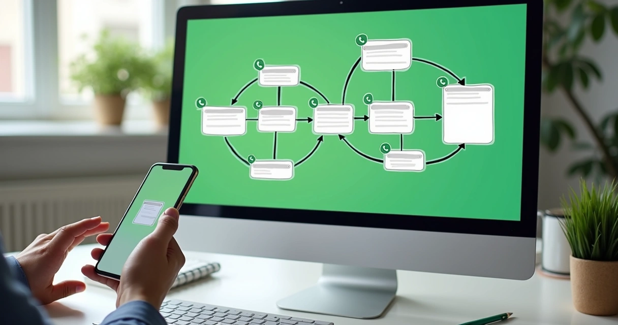 Fluxograma de mensagens em uma tela de WhatsApp em cenário corporativo 