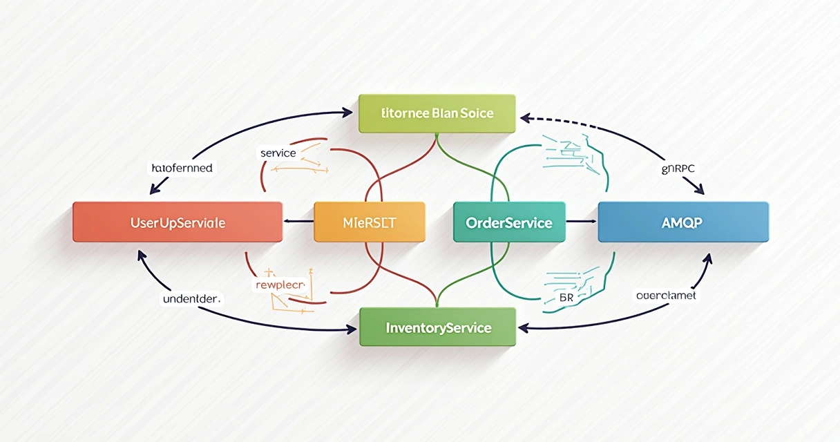 Diagrama simples ilustrando microserviços conectados por setas com rótulos indicando tipos de integração