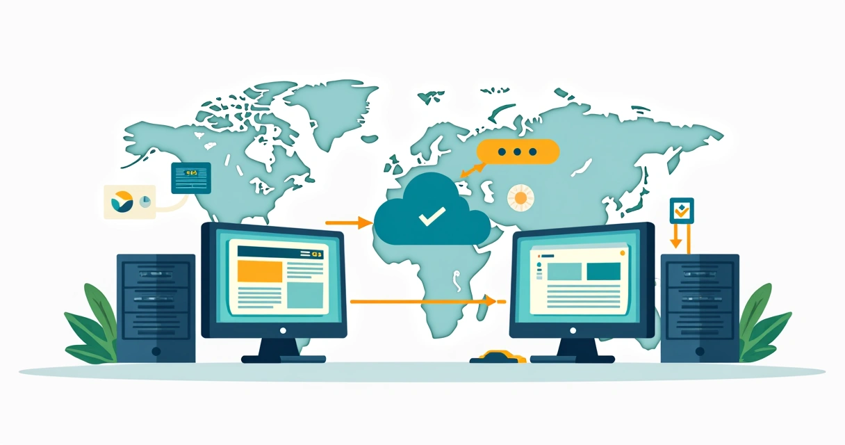 Fluxo visual de migração digital com computadores, servidores, setas e mapas 