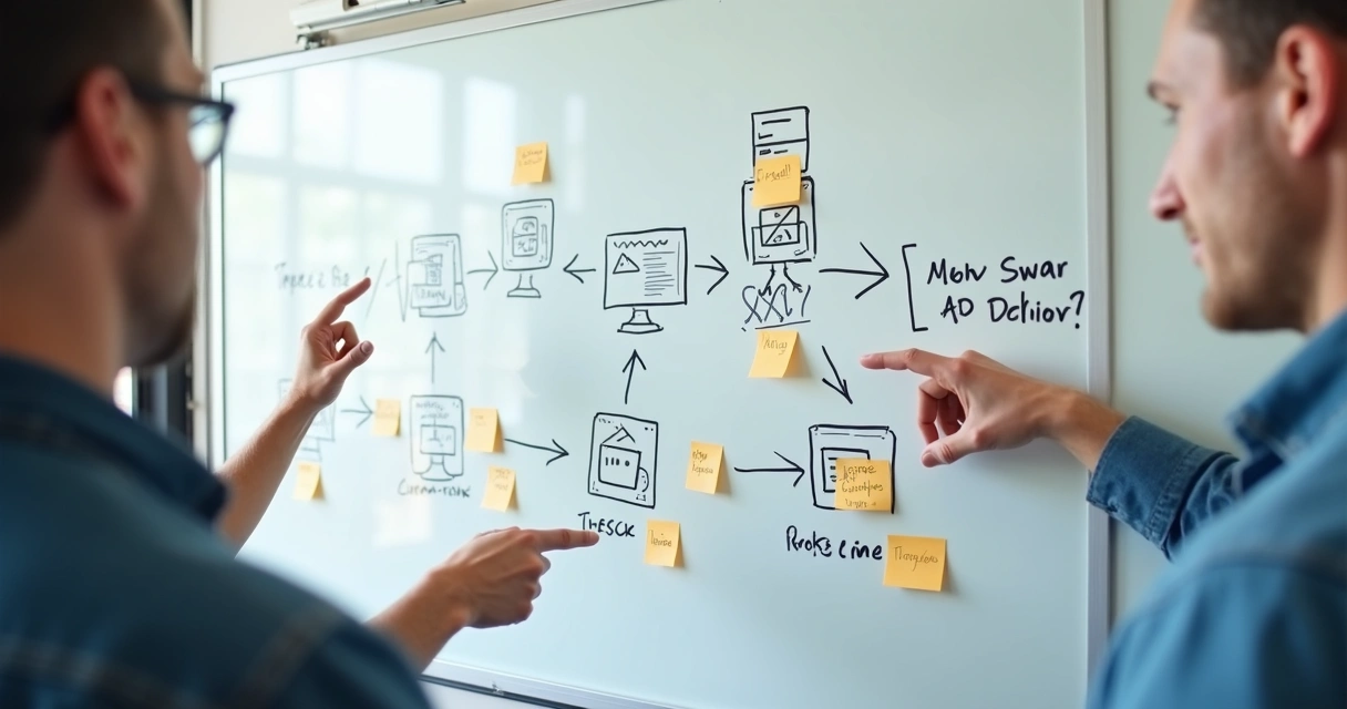 Quadro branco com fluxo de chamados desenhado 