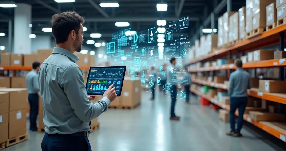 Gestor analisando fluxo de movimentação de estoque em loja de varejo com dashboards digitais 