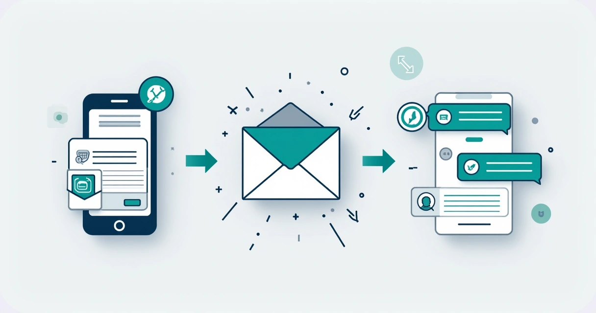 Ilustração mostrando fluxo de mensagens entre e-commerce e cliente via SMS, email e WhatsApp 