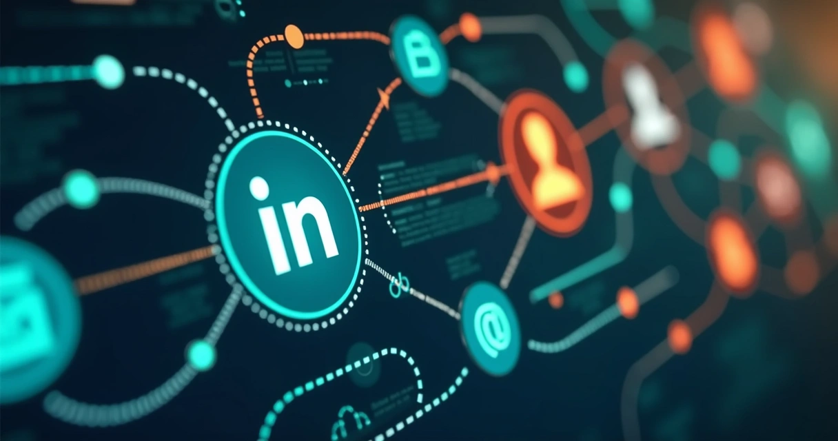 Fluxo multicanal mostrando caminhos de contato entre e-mail, WhatsApp, LinkedIn e ligação 