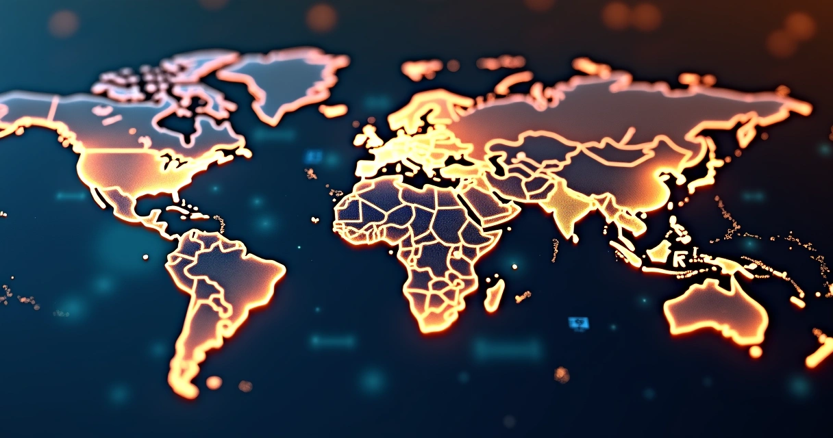 Fluxo global de moedas digitais sendo transferidas entre vários países destacados por linhas luminosas