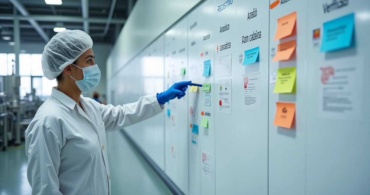 Fluxo de não conformidades em mural de fábrica de alimentos 