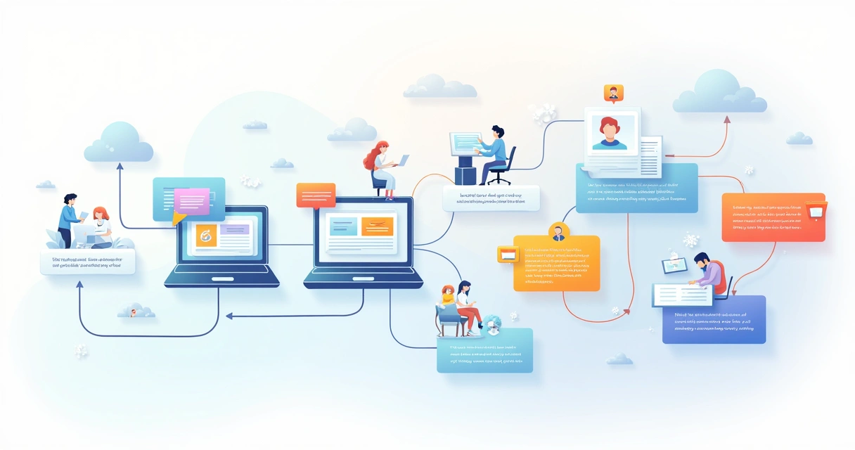 Fluxograma colorido mostrando etapas de nutrição de leads, com ícones de email, telefone e conteúdo 