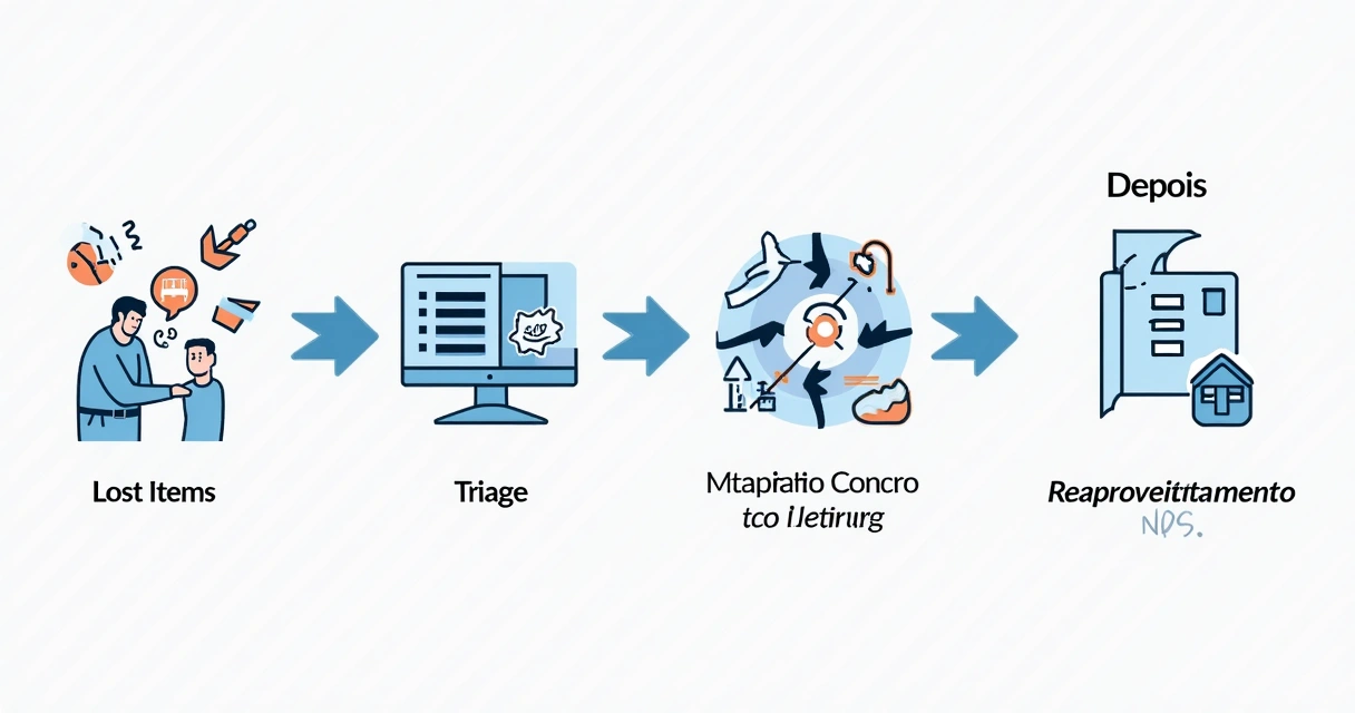 Representação visual de um fluxo de devolução antes e depois com integrações e metas claras.