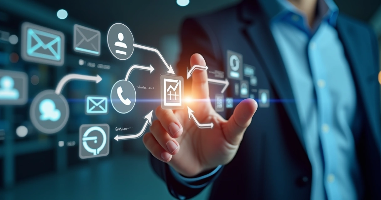 Caminho visual conecta e-mail, telefone, LinkedIn e WhatsApp numa tela digital 