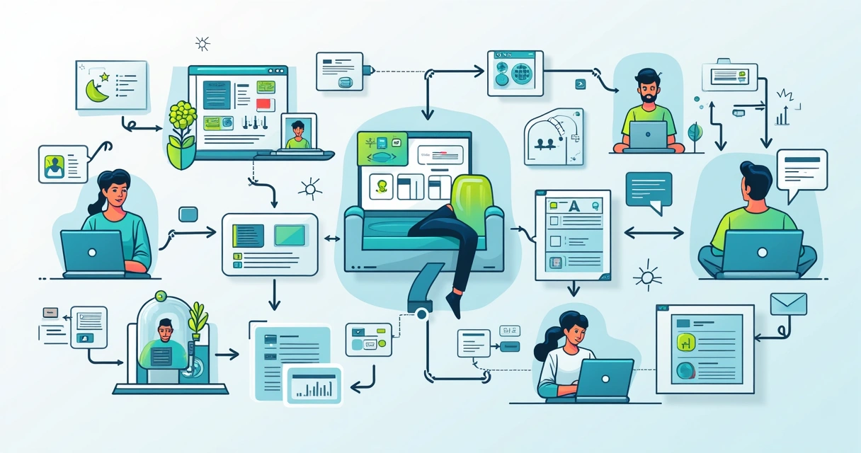 Fluxo digital simplificado de onboarding com estágios de integração, ativação e acompanhamento. 