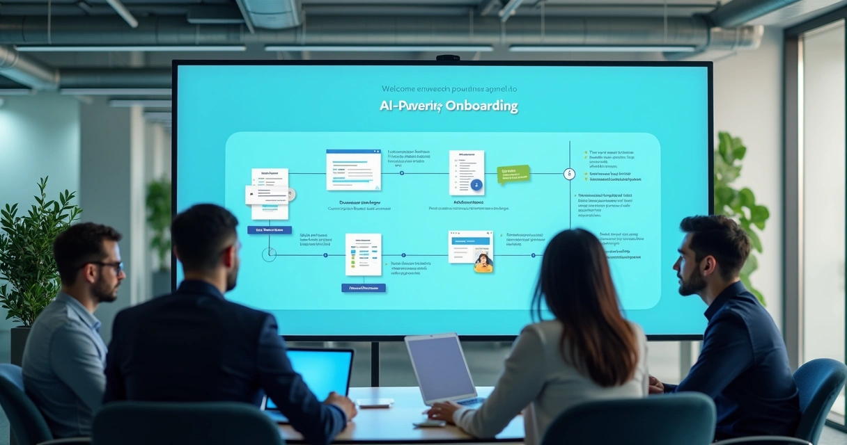 Painel digital com fluxo de onboarding automatizado e equipe em reunião 