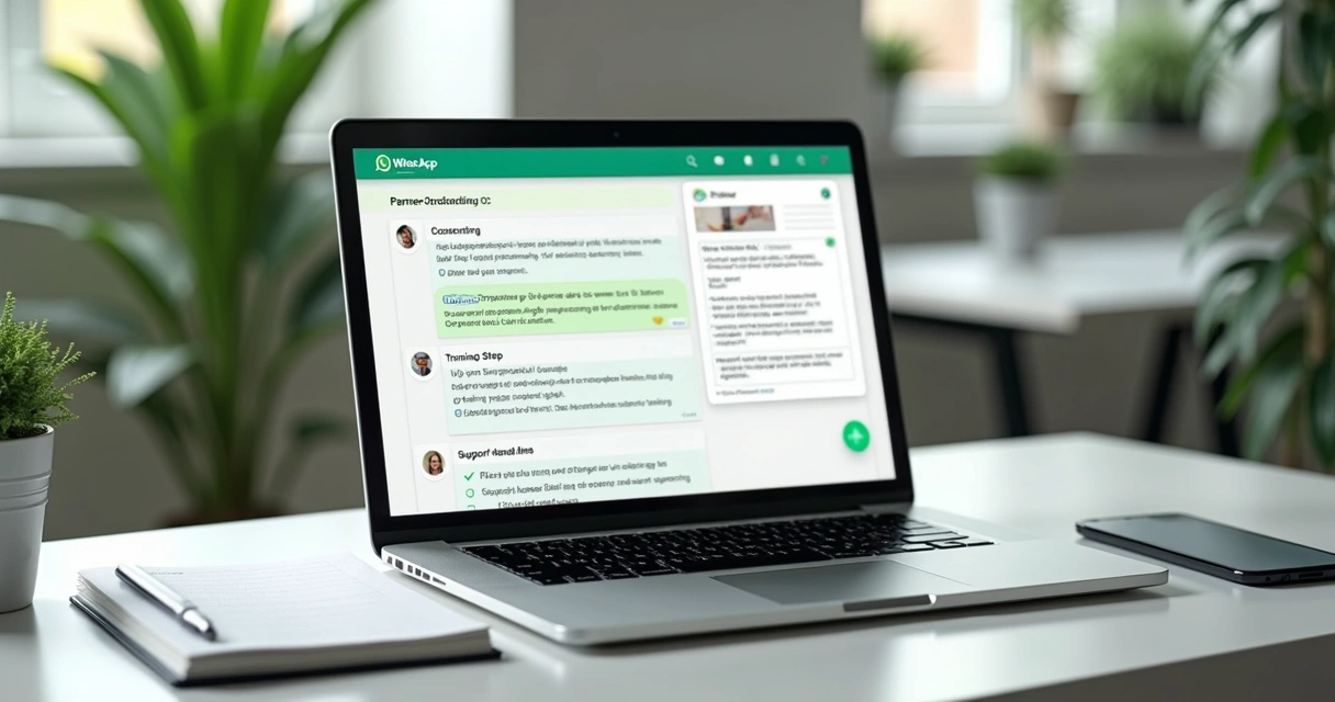 Tela com etapas de onboarding no WhatsApp e mensagens organizadas 