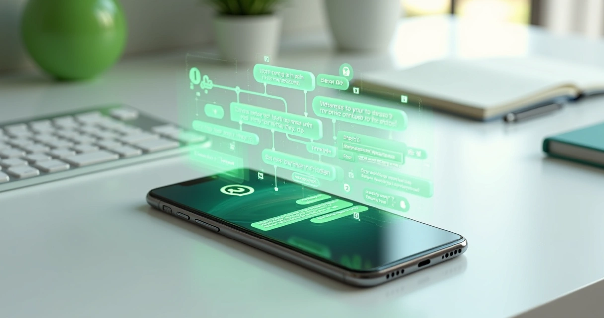 Diagrama visual de fluxo automatizado de onboarding no WhatsApp em tela de smartphone 