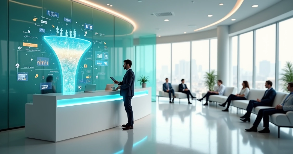 Gestor de clínica observando funil de pacientes projetado em tela holográfica 