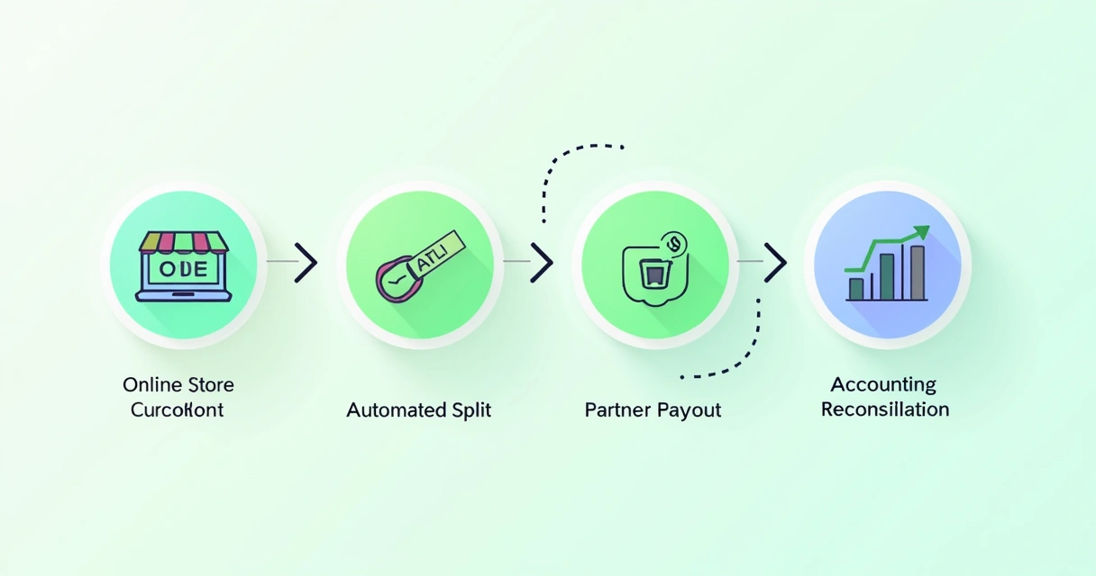 Diagrama colorido mostrando fluxo de automação de pagamentos no Appmax, com setas entre etapas 