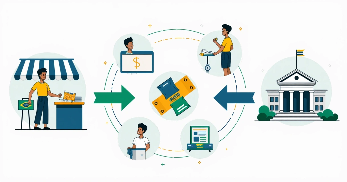 Diagrama ilustrando o fluxo de pagamento no split payment, com setas mostrando o valor sendo dividido entre empresa e governo diretamente 