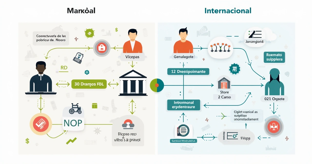 Ilustração mostrando dois fluxos de pagamento: nacional e internacional, cada um com setas e etapas distintas 