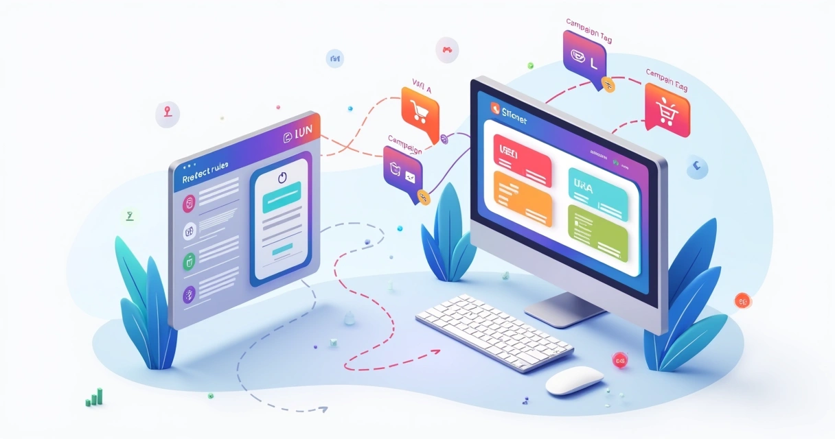 Diagrama de setas guiando usuário entre páginas de campanha em computador 