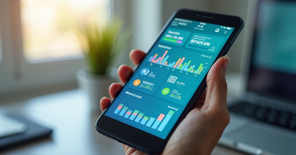 Tela digital de smartphone exibindo app de pagamentos Pix com gráficos financeiros e ícones de transações 