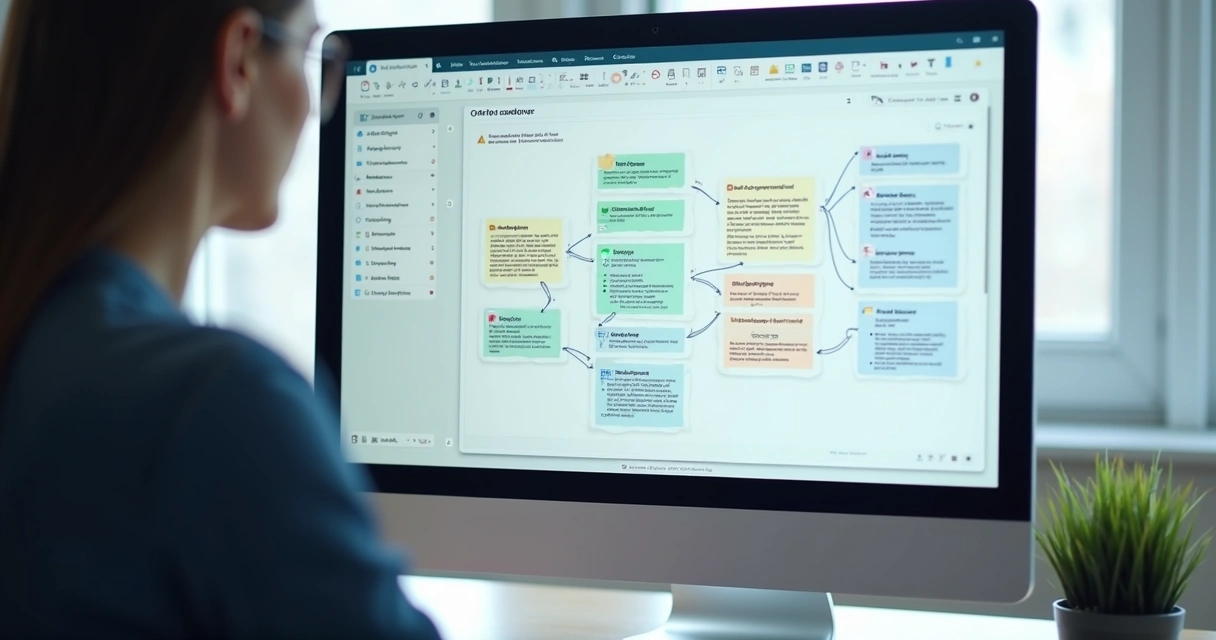 Fluxo visual de atendimento integrado com chatbots, tickets e CRM em tela de computador 