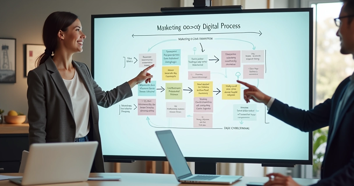 Quadro branco com fluxos desenhados representando processos de uma agência digital