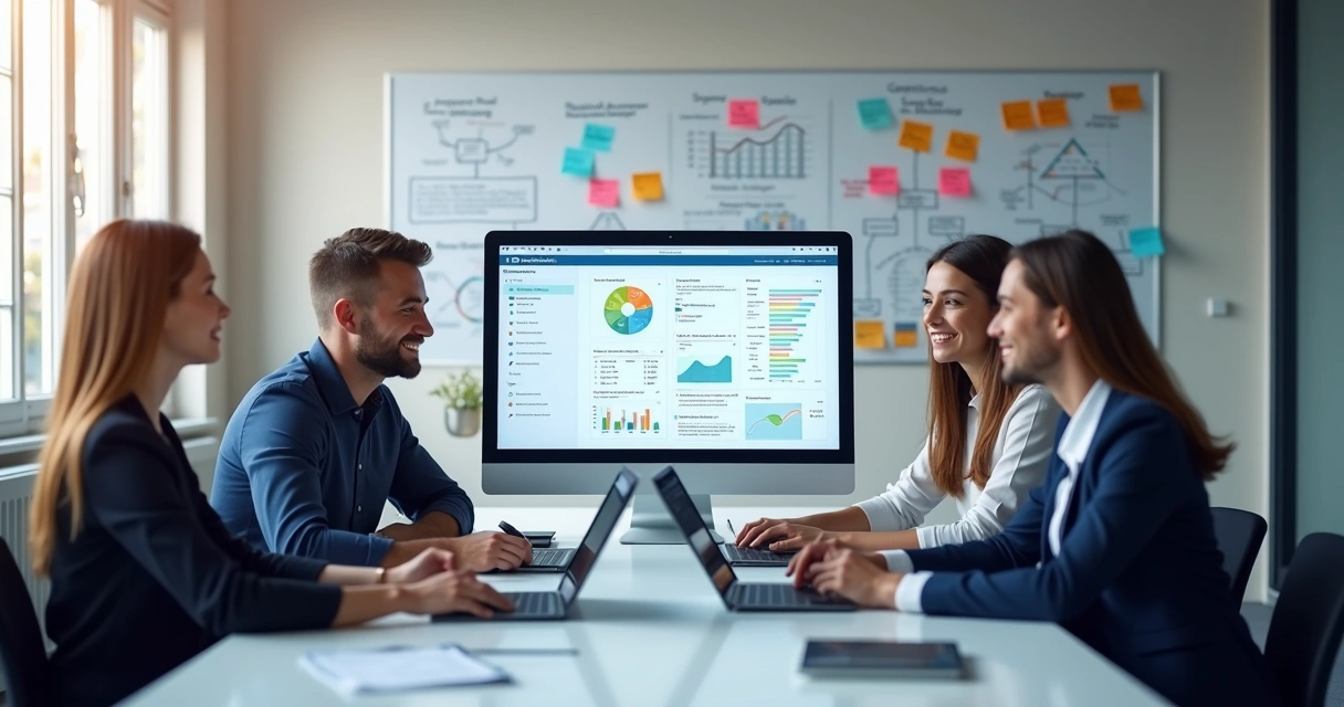 Equipe de agência digital trabalhando em processo comercial com gráficos, CRM e planejamento estratégico em tela de computador 