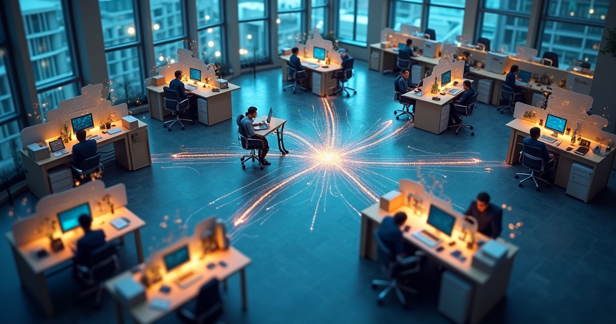 Diagrama ilustra um fluxo de tarefas conectando setores de uma empresa. 