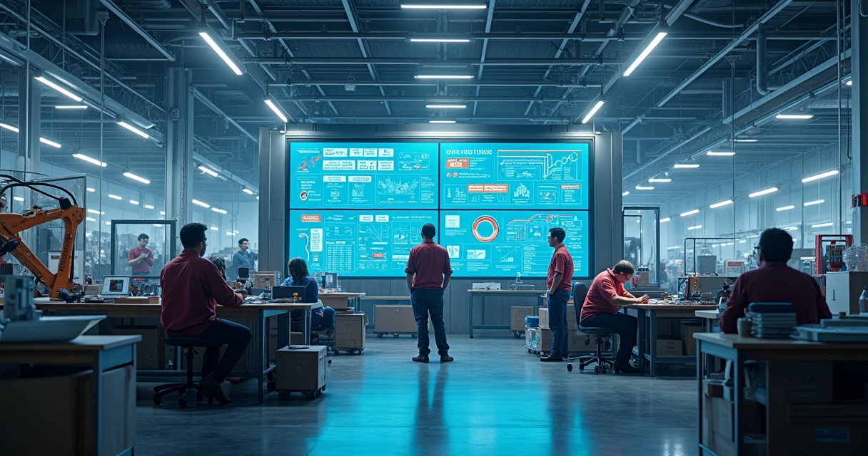 Fluxo do processo produtivo em ambiente industrial com painéis de acompanhamento digital 