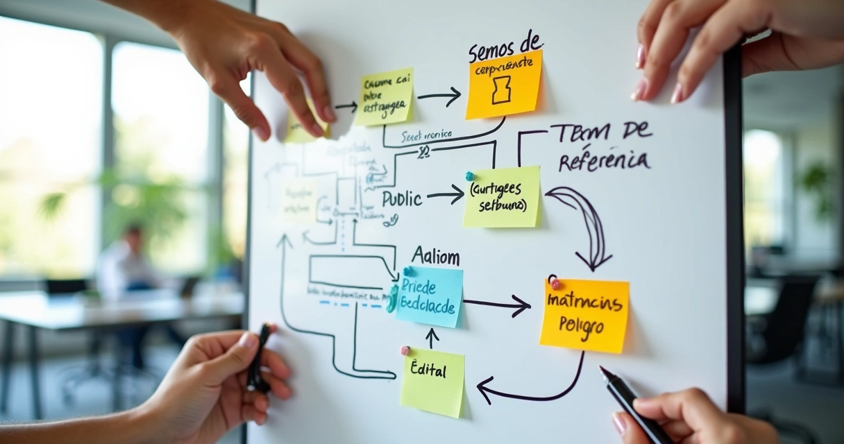 Fluxograma colorido do processo licitatório público no quadro branco