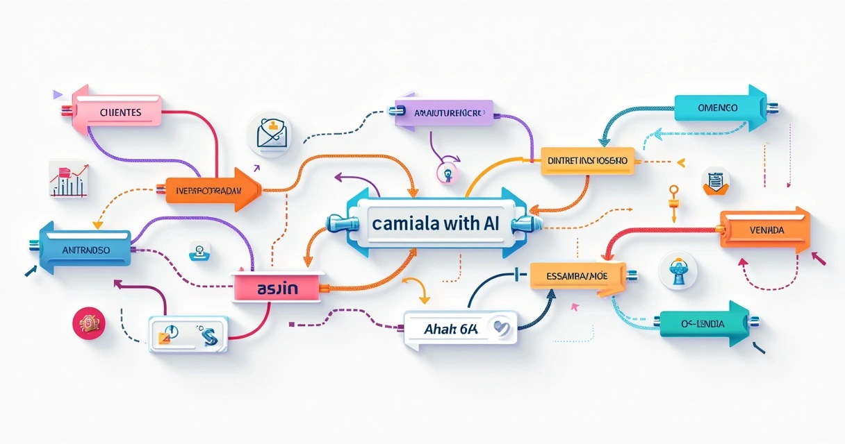 Diagrama colorido de fluxo de automação e IA em negócios 