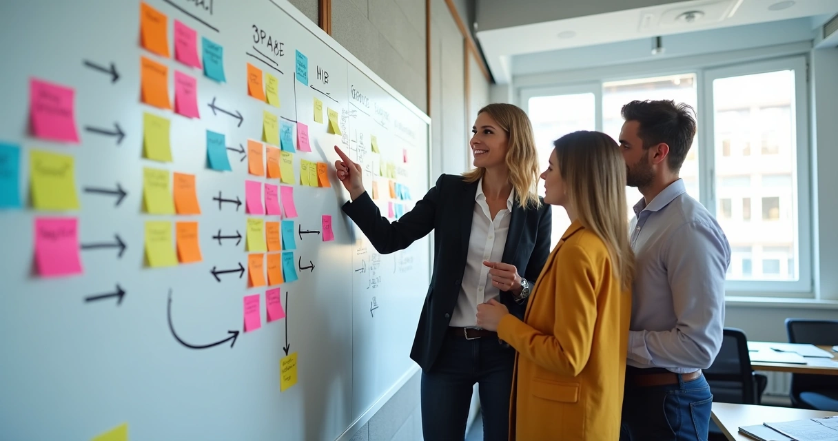 Fluxo visual de etapas com post-its coloridos em quadro branco 