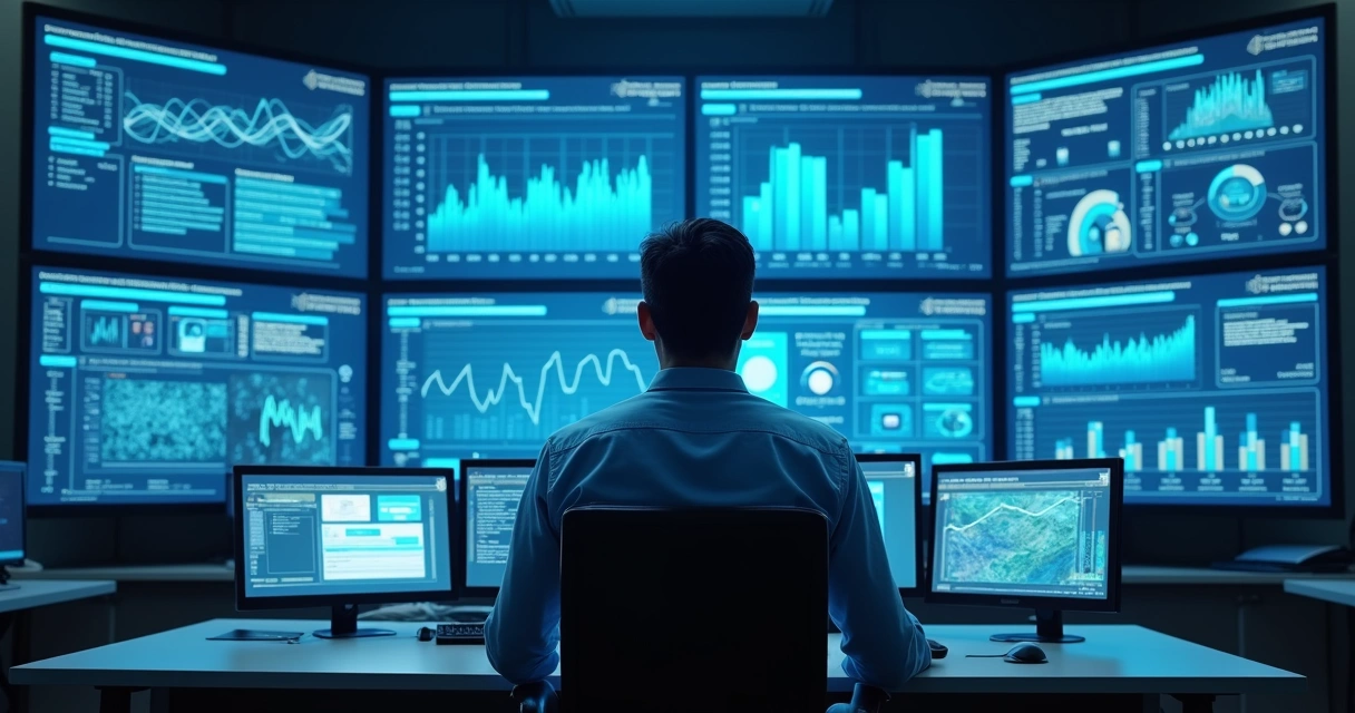 Fluxo de processos industriais sendo monitorado em tela digital 