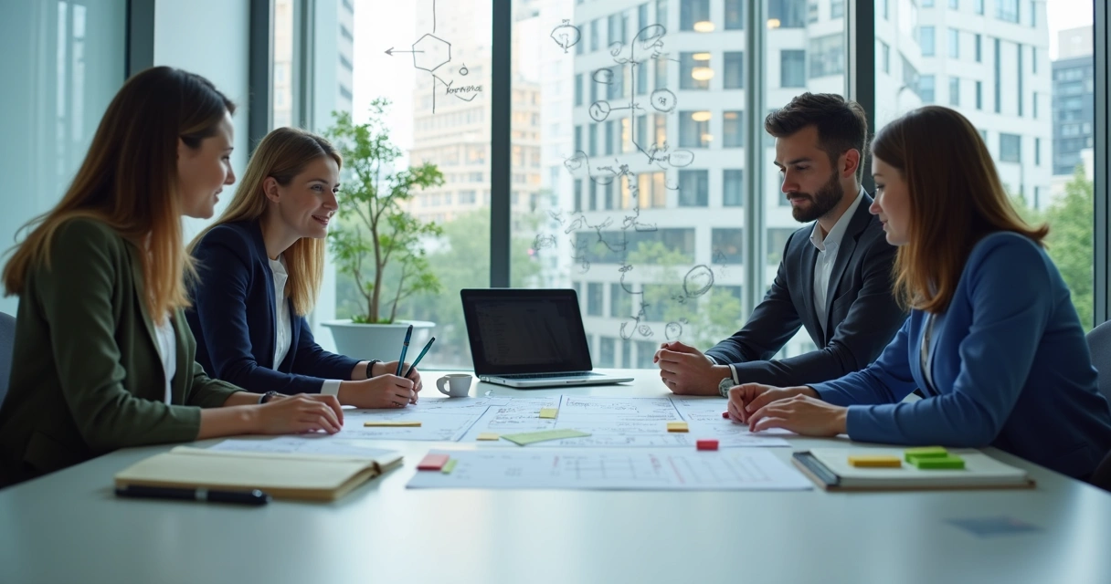 Equipe analisando fluxo de processos em escritório digital 