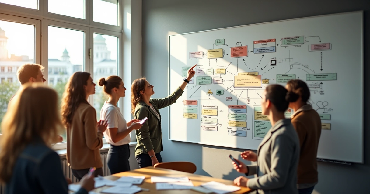 Fluxograma com etapas de um processo empresarial, em mural branco 