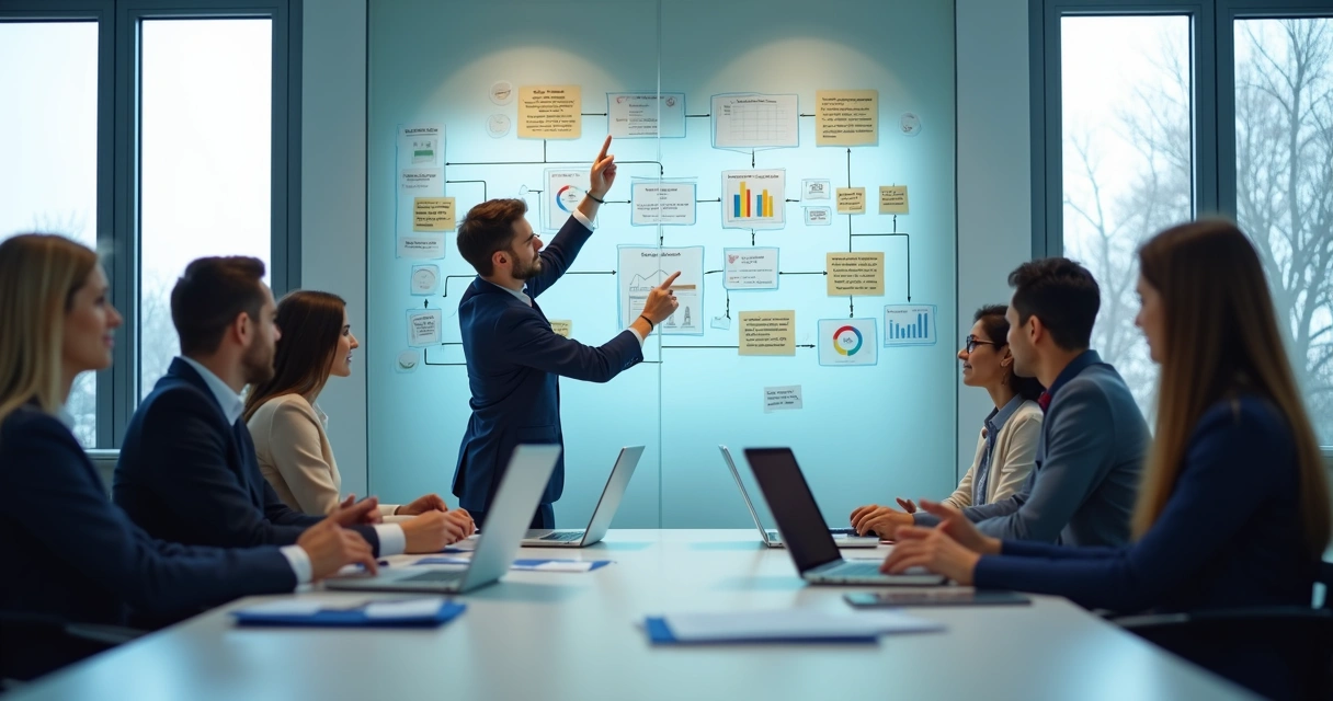 Equipe analisando fluxo de processos em painel 