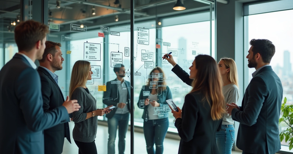 Fluxo de processos desenhado em quadro por equipe 