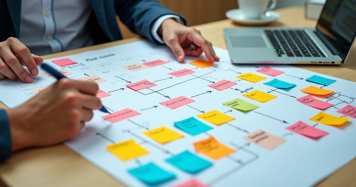 Fluxograma de processos imobiliários impresso em mesa com post-its 