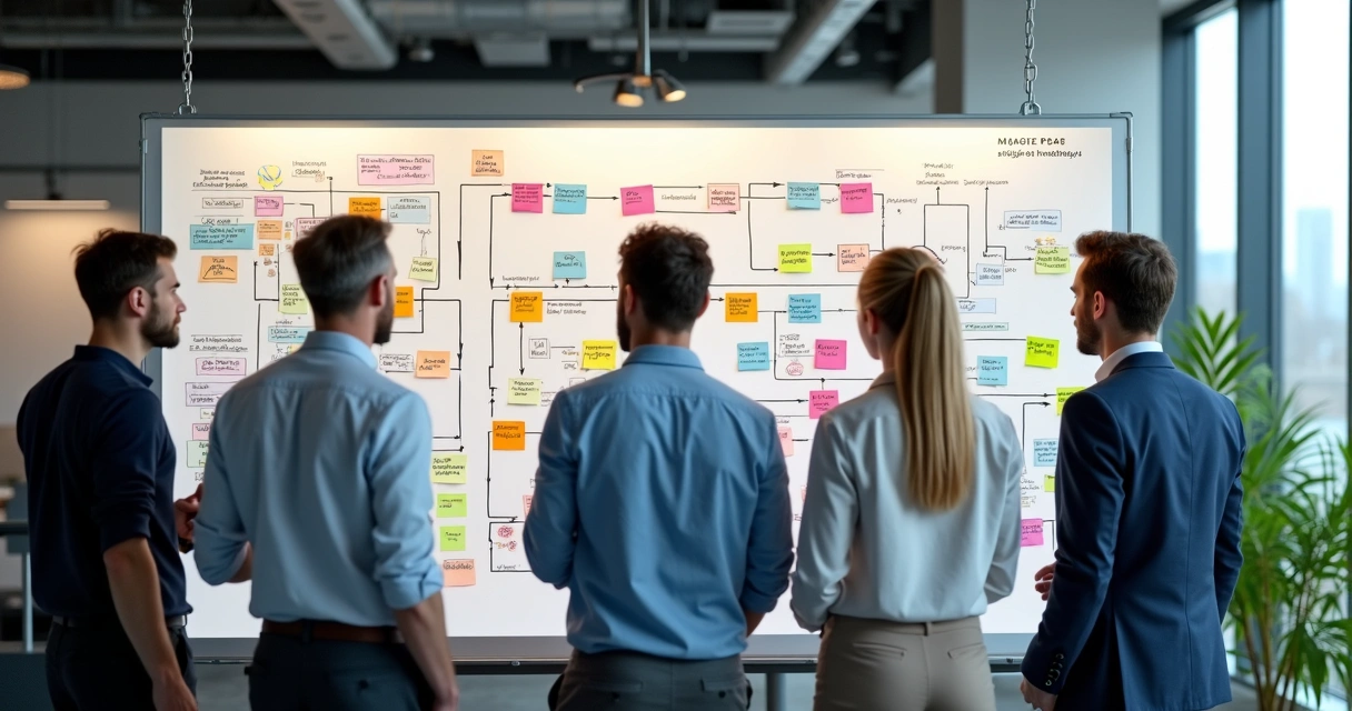 Fluxo de processos industriais desenhado em quadro branco com post-its coloridos e equipe reunida 