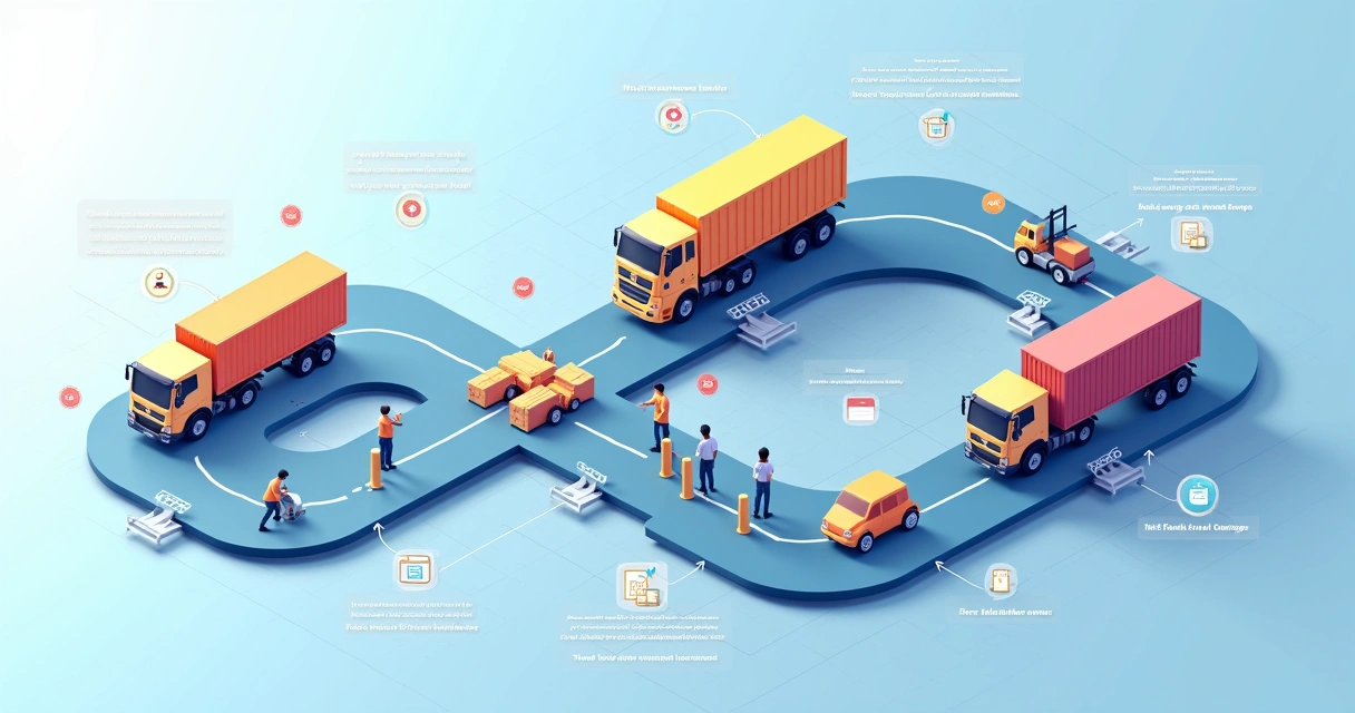 Diagrama ilustrativo do fluxo de processos logísticos com etapas como pedido, coleta, transporte, entrega e parceiros conectados.