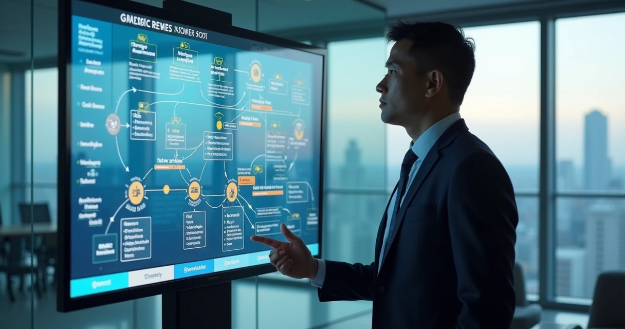 Gestor analisando mapa de fluxos de processos na tela 