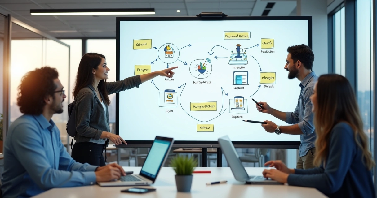 Fluxo de processos operacionais desenhado em quadro digital 