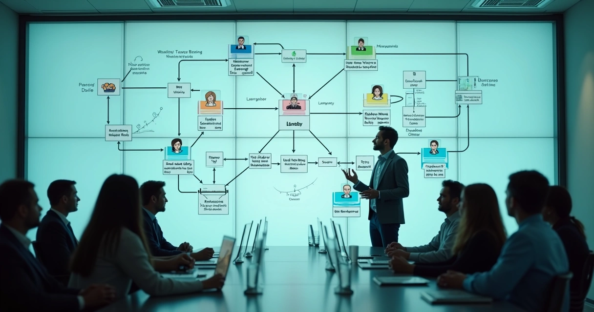 Fluxo visual de processos organizacionais interligados