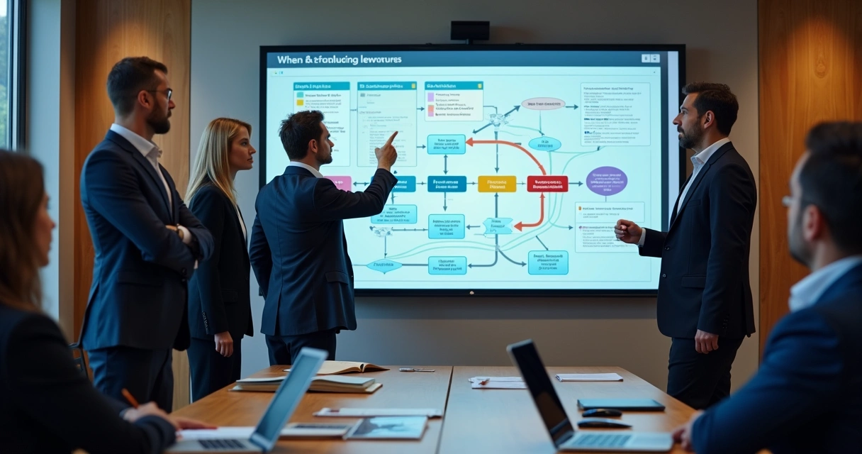 Equipe jurídica discutindo fluxo processual em painel digital 