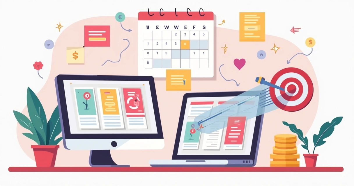 Painel de rotina visual com produção de pins, calendário editorial e metas financeiras 