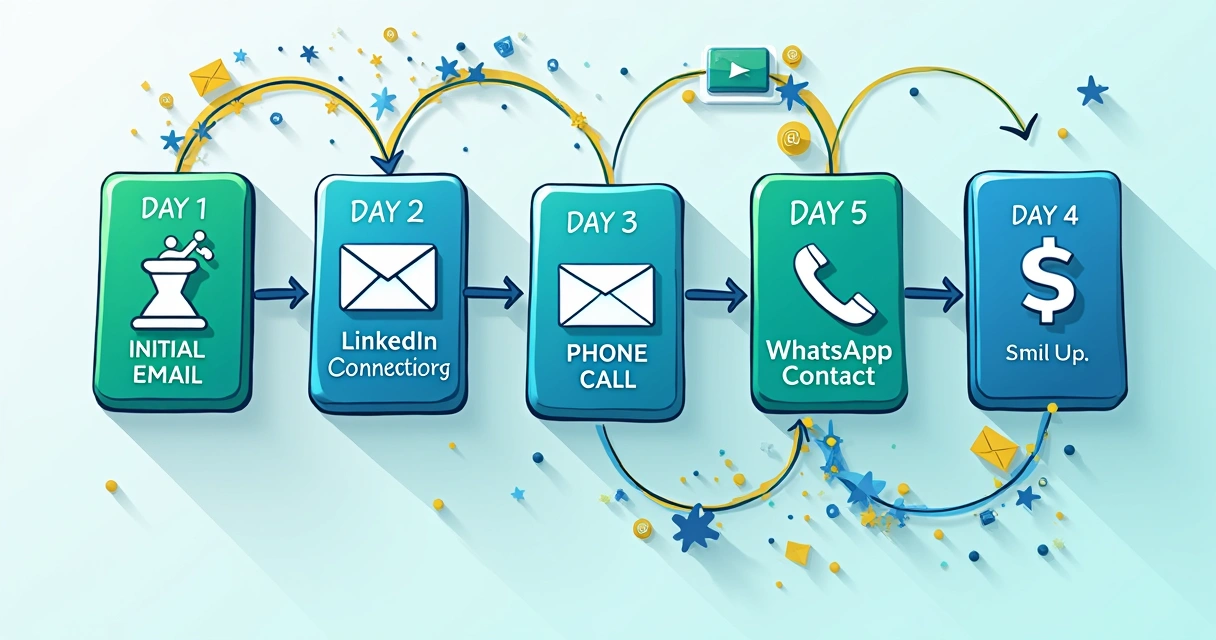 Diagrama colorido mostrando etapas do fluxo de prospecção ativa em vendas B2B, com setas conectando blocos e destaque nos pontos de contato com o cliente. 