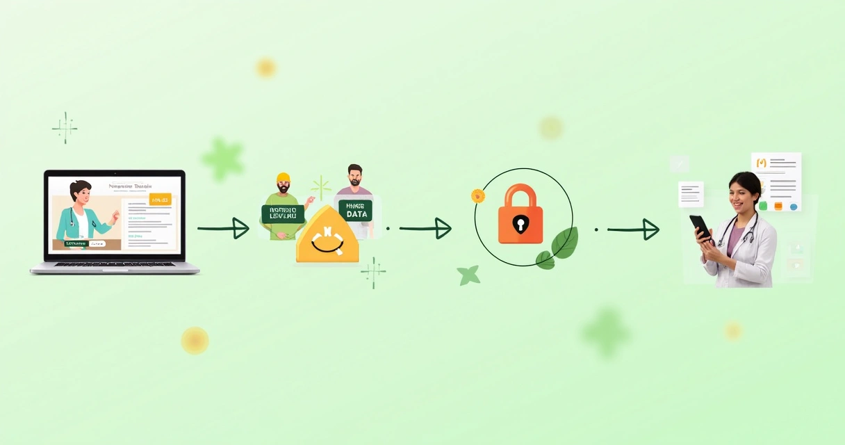 Fluxo de proteção de dados em clínica de nutrição com setas, computador e cadeado digital 