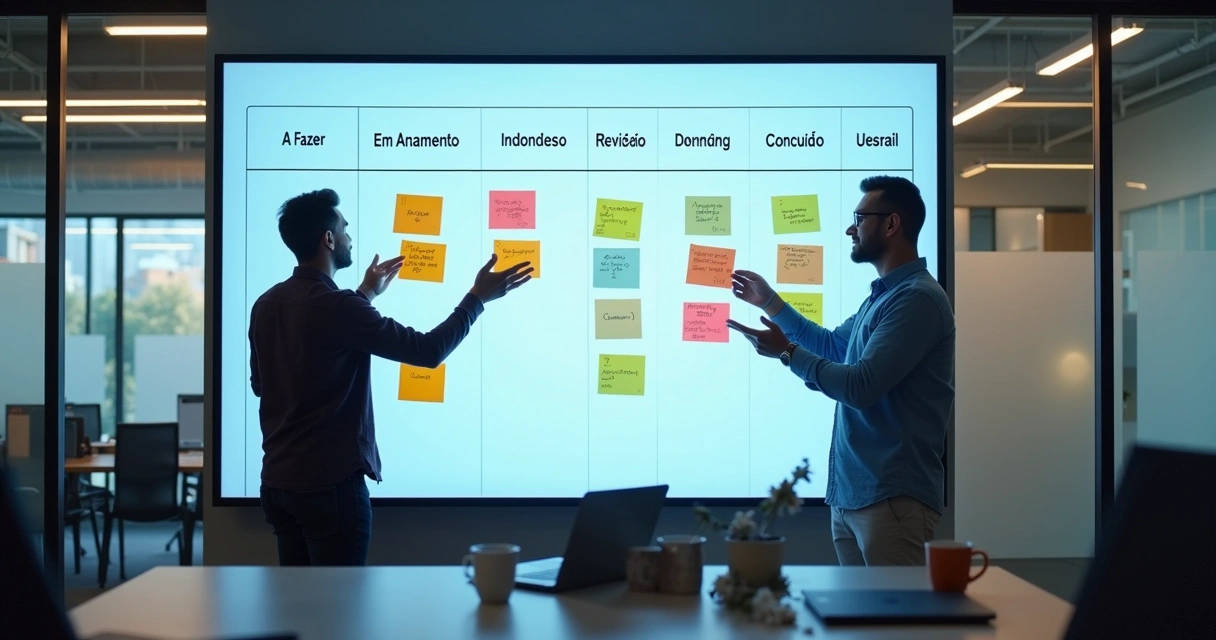 Quadro de kanban colorido com post-its mostrando tarefas em diferentes etapas