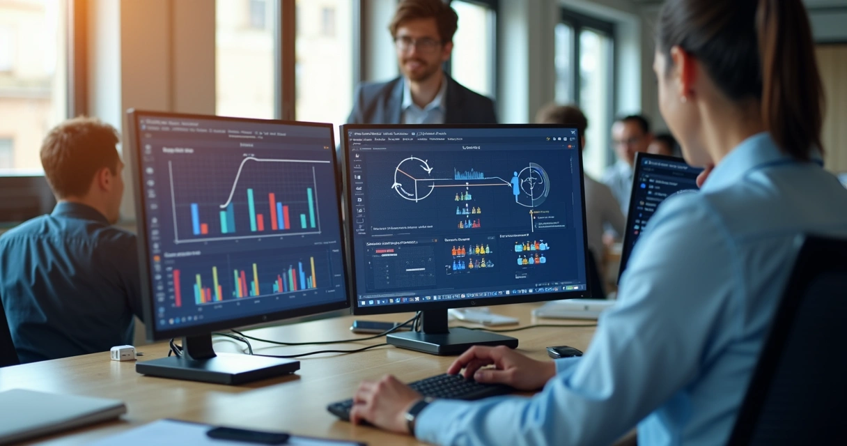 Fluxo detalhado de qualificação de leads com gráficos, ícones de análise e equipes de marketing e vendas colaborando em ambiente de escritório moderno 